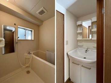 小窓のある浴室。洗面台は浴室の目の前に。