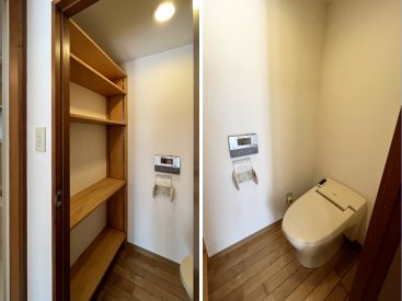 温水便座のトイレ。便器の前には大きな収納。水まわりのストック置き場にいいかも。