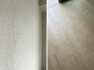 壁は織物のような素材感のあるもの。フローリングには床暖房があります。