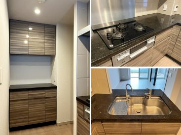 L字のキッチン。収納スペースがしっかりとあります。