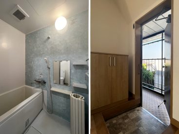 爽やかな水色の浴室。玄関にはシューズボックス。