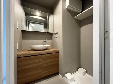 丸いボウルが特徴の洗面。洗濯機置き場もここに。