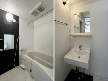 お風呂は浴室乾燥つき。洗面は鏡・洗面だけのシンプルなもの。