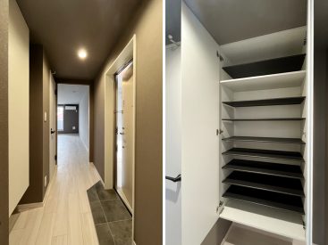 玄関は部屋の中央部分に。たっぷり入るシューズボックスも。