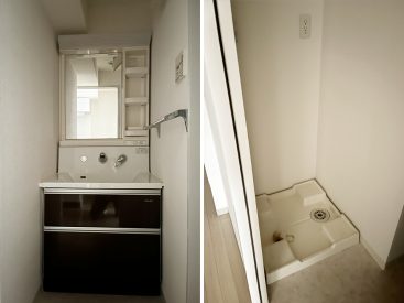 収納がうれしい洗面台。洗濯機置き場は浴室の前に。