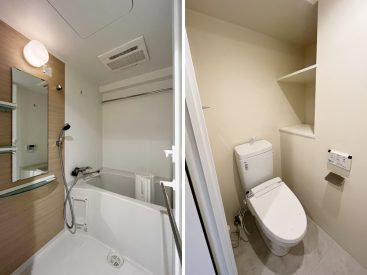 お風呂は浴室乾燥つき。シンプルで清潔感のあるトイレ。