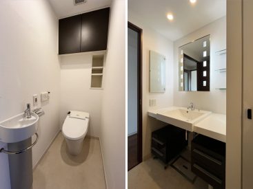 手洗いのあるトイレに、洗面はホテルライクな印象。