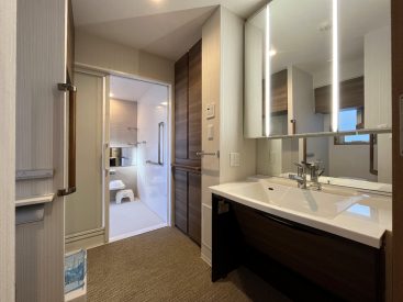 カーペットのような床の洗面脱衣所。