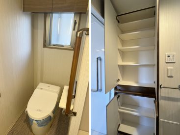 トイレは洗面脱衣所の中に、オープンなつくりで。たっぷりの収納もあります。