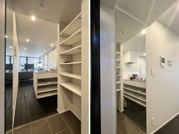 玄関からすぐに居室が始まります。オープンなシューズボックスに姿見も。