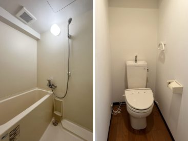 部屋の大きさにしては、小さめな浴室。トイレは玄関の横に。