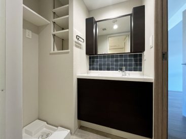 洗面脱衣所。細かなところに収納があります。