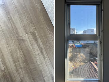マットなフローロング。窓の外は公園が工事中。