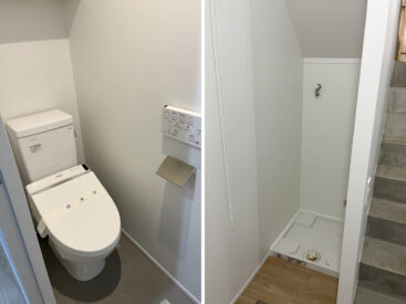 シンプルなトイレ。洗濯機はロールカーテンで隠すことも。