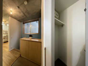 玄関にはシューズボックスと納戸の収納。