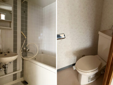 タイル壁の浴室。トイレは温水便座の無いもの。