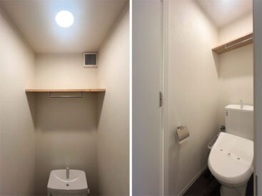 温水便座のトイレ。木の収納棚があります。