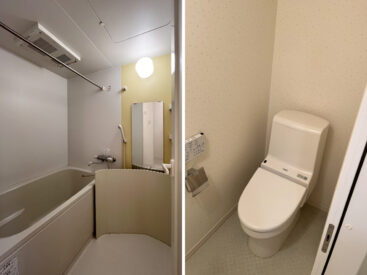 浴室にはイエローのカラー。トイレは温水ベ便座。