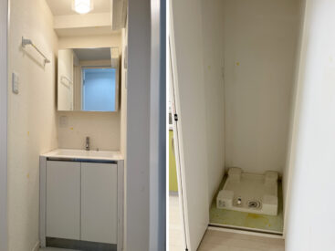 あるとうれしい洗面台。洗濯機はキッチン横に隠せておけます。