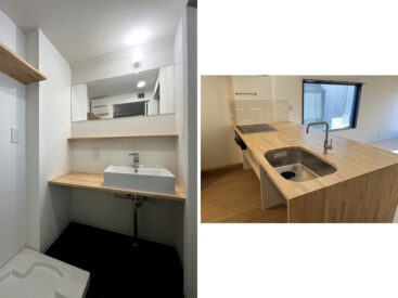 洗面・脱衣所には木の要素。