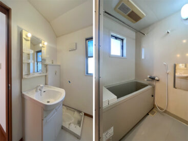 浴室にも脱衣所にも窓。追い焚き機能はなし。