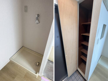 洗濯機はキッチンの横に。玄関にはシューズボックス。