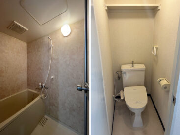 植物側に包まれた浴室。トイレは浴室の横に。