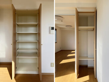 写真左はキッチン横の収納。右は6.1帖のクローゼット。
