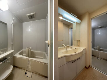 ゆったり疲れそうな浴槽のお風呂。鏡と収納が便利な洗面台。