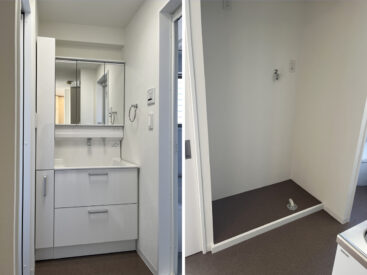 洗面台は浴室横。洗濯機はキッチン横に。