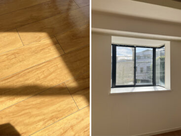 床はツルッとしたもの。出窓はふたつも。