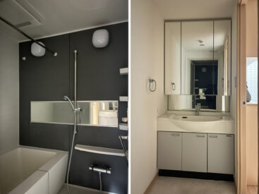 乾燥機のついた浴室。洗面台は大きな鏡がポイント。