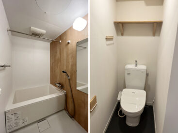 乾燥機のついた浴室。トイレには木の棚。