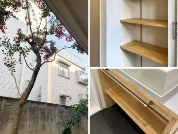 目の前にはサザンカ。窓の外にも、室内にも木の存在が温かい。