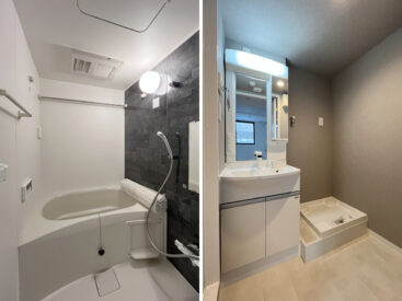 浴室乾燥のついたお風呂。コンパクトですが使いやすそうな配置の洗面脱衣所。