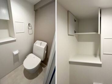 ゆとりのあるトイレ。棚には掃除グッズやインテリアを。