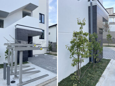 駐輪は建物前に。豊かなみどりもあります。