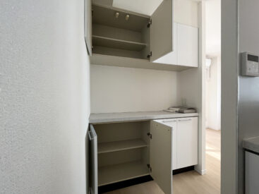 キッチン横の収納と棚。開けていない方も同じ収納タイプです。