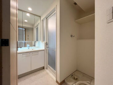 洗面脱衣所。大きな鏡のついた洗面台が使いやすい。