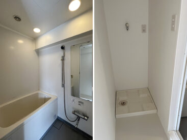 すっきりとした空間がいい浴室。洗濯機は浴室横に。