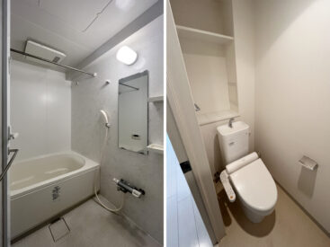 浴室乾燥の付いたお風呂。トイレには便利な棚。