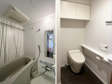 浴室には壁紙が。雰囲気が出ます。トイレは広く室内には手洗いが。