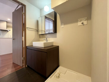 スマートなつくりの洗面台がある脱衣所。