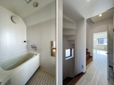 小窓のある浴室はちょっぴりレトロ。年季を感じる階段は上下階をつなぎます。