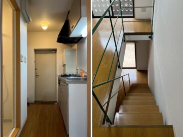 ナチュラルな印象の床と手すりの感じが、いい塩梅にレトロ。