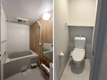 木目デザインが穏やかな入浴になる浴室。トイレ内には棚があります。