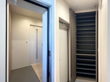 玄関は段差のないフラットなつくり。靴箱もたっぷりと。