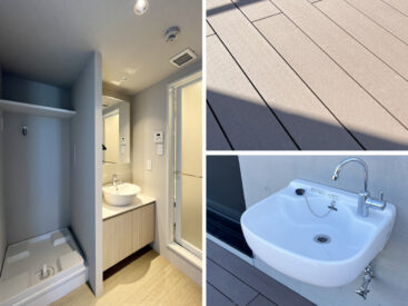 洗面脱衣所はほどよい広さ。バルコニーは水はけよさそうで、水栓もあります。