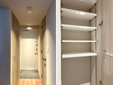 ポワッと灯る玄関。靴箱もあります。