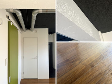 グリーンの扉がアクセント。工業っぽさやラフな部分があるのもナイス。